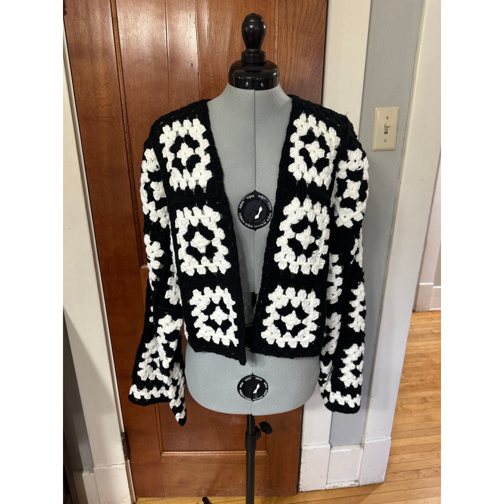 Elan Black and White Crochet Cardigan Sweater
